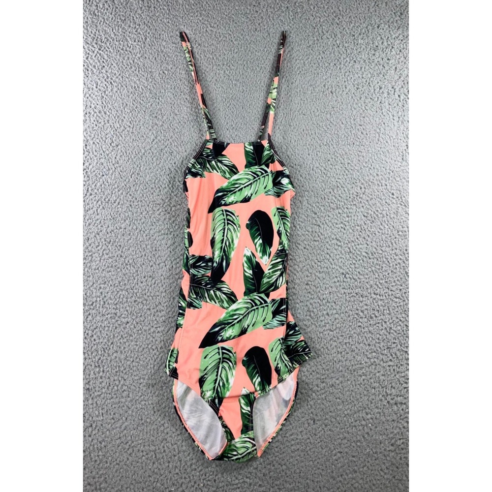 One Piece Swimsuit Women Small Peach Green Tropical Floral Hawaiian Boho Coastal